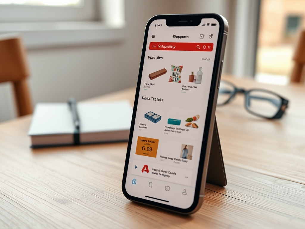 Мобильное приложение на телефоне с интерфейсом покупок и рядом предметов на деревянном столе.