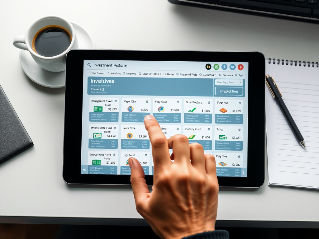 На экране планшета отображается инвестиционная платформа с различными фондами и их данными. Рядом чашка кофе.