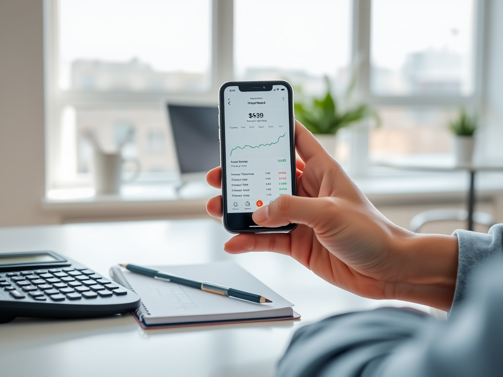На изображении рука держит смартфон с графиком инвестиций. На столе калькулятор и блокнот.