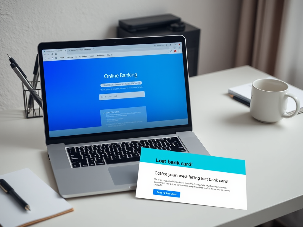 На столе лежит ноутбук с экраном онлайн-банкинга и карточка с информацией о потерянной банковской карте.